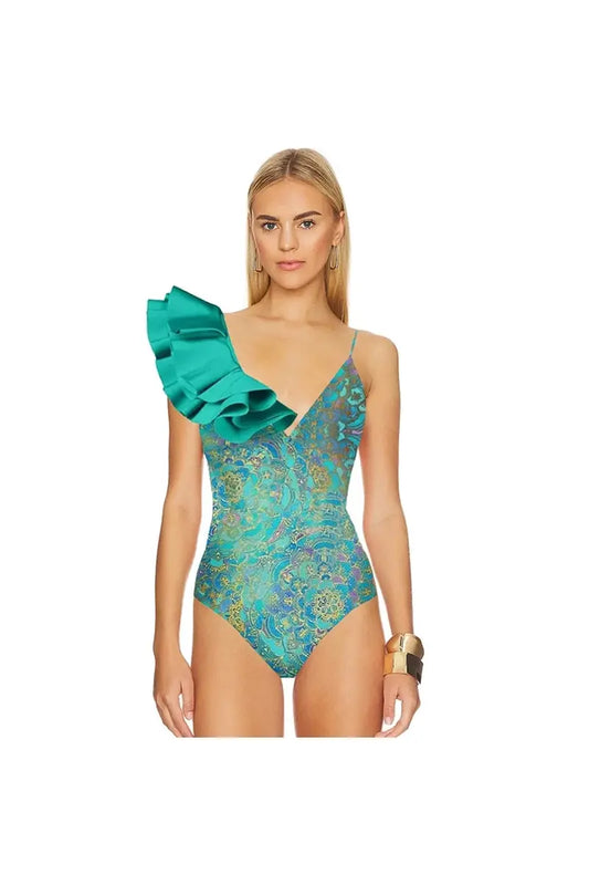 Boho Ruffle Print One Piece Swimsuit Set