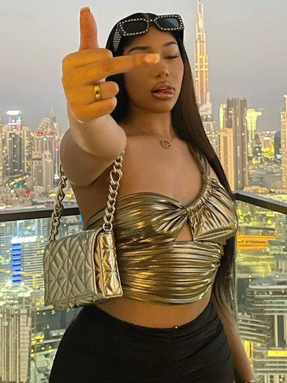 Metallic Golden One Shoulder Crop Top