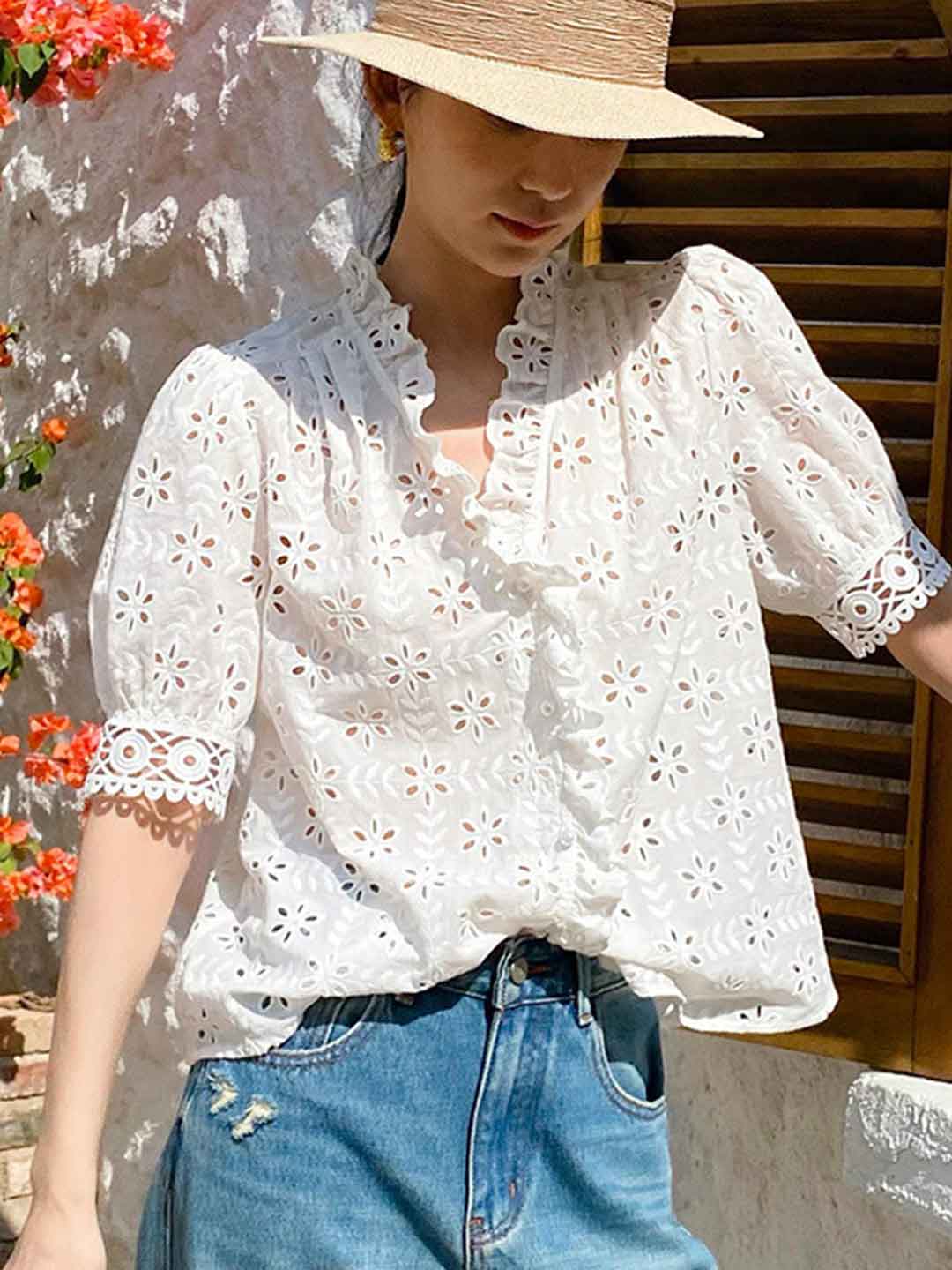 Julia Elegant V-Neck Puff Sleeve Embroidered Top