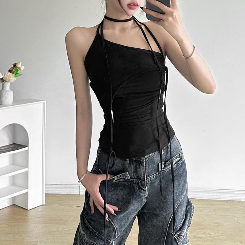 Halter backless solid ruched top