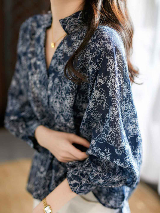 Bella Elegant V-Neck Lantern Sleeve Floral Printed Top