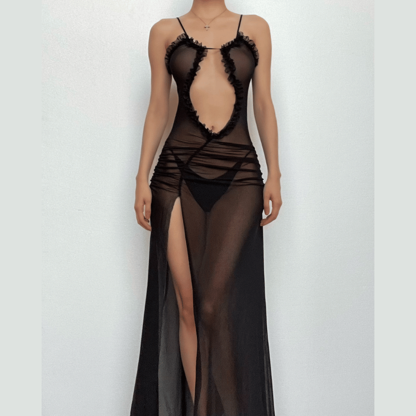Sheer mesh hollow out ruched high slit cami cut out maxi dress