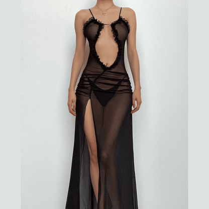 Sheer mesh hollow out ruched high slit cami cut out maxi dress