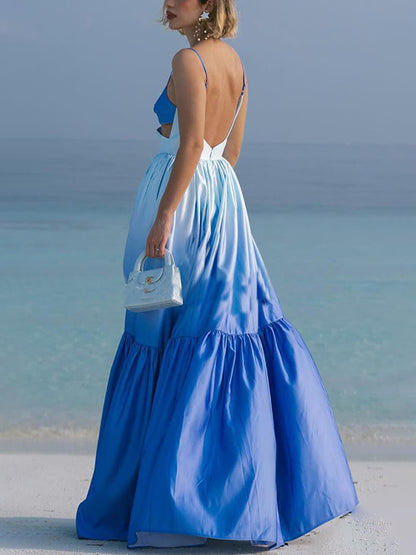 Ombre Print Sweetheart Spaghetti Strap Waist Cutout Tiered Ruffle Maxi Dress