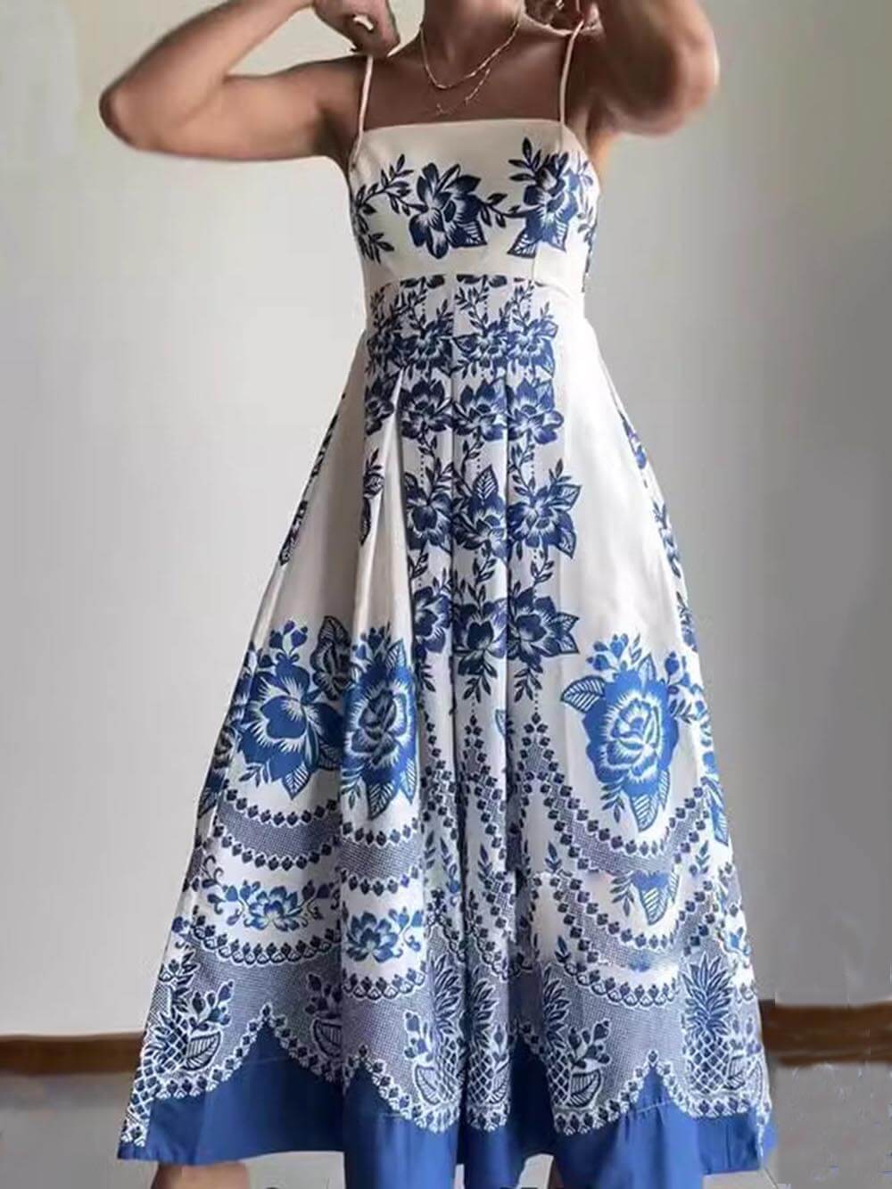 Mediterranean Floral Print Spaghetti Strap Square Neck Tiered Maxi Dress