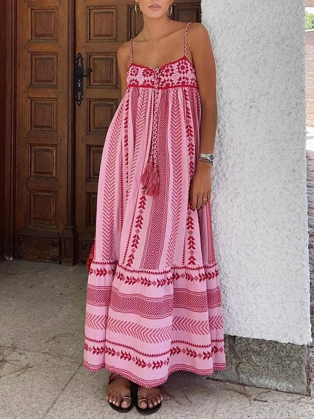 Spaghetti Strap Tassel Drawstring Geometric Pattern Tiered Knit Maxi Dress