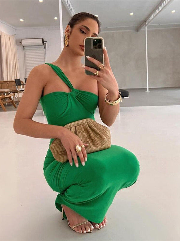 Oblique Twist Shoulder Backless Dress