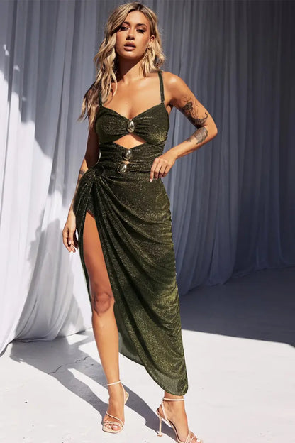 Gold Buckle Cutout Glossy One Piece Swimsuit Set