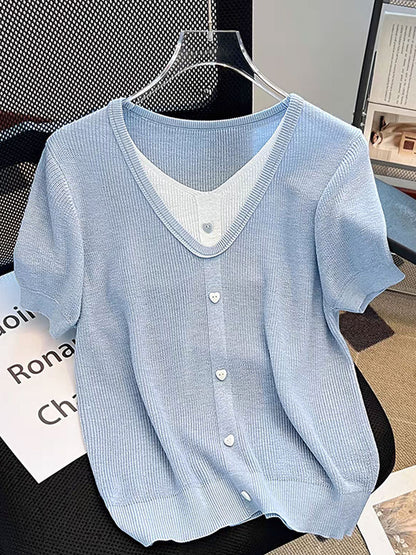 Angelina Casual V-neck Patchwork Knitted Top