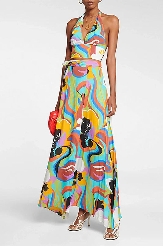 Deep V Halter Neck Print Sexy Swimsuit Set