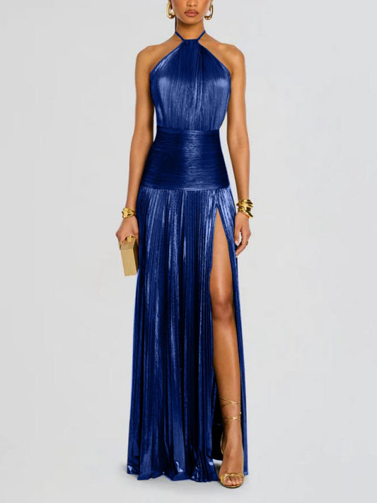 Metallic Halter Neck Style Crimp Slit Thin Strap Sleeveless Backless Cocktail Party Parties Formal Dress Long Dress