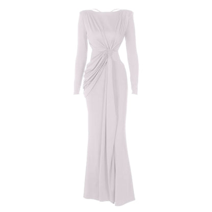 Long sleeve padded backless ruched maxi dress-final-sale