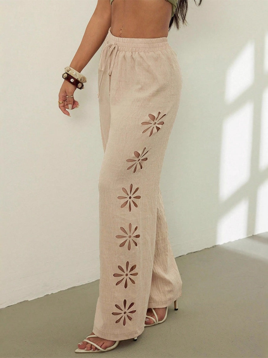Minimalist Style Drawstring Hollow-out Solid Color Loose Wide-leg Trousers