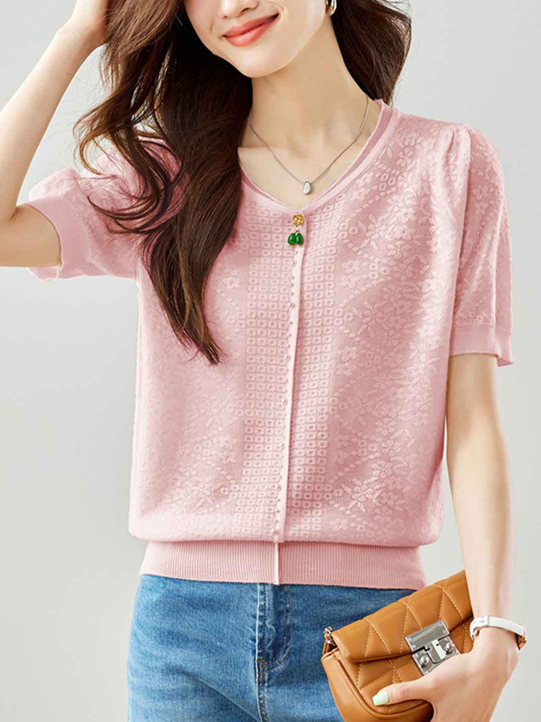 Gianna Casual V-Neck Puff Sleeve Embroidered Knitted Top