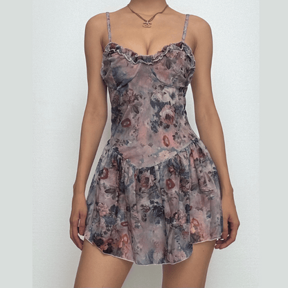Flower print backless ruffle cami mini dress