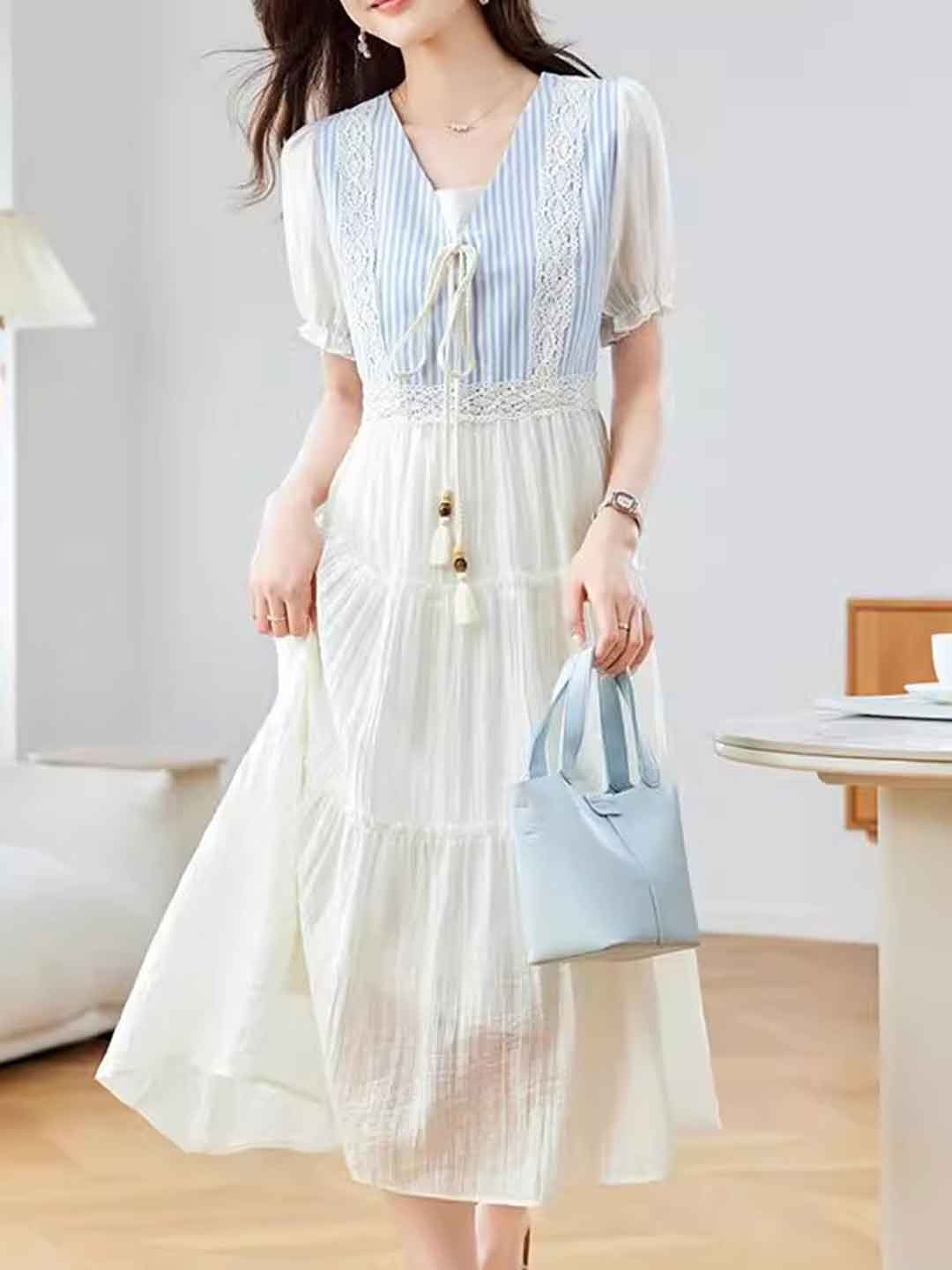 Ariana Classic V-Neck Puff Sleeve Striped Dress