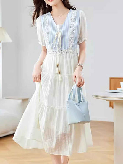 Ariana Classic V-Neck Puff Sleeve Striped Dress