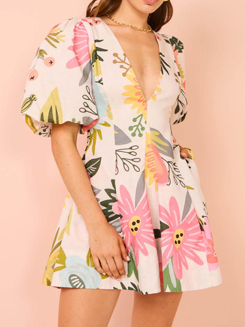 Floral Print Puff Sleeve Plunging V Neck A-Line Mini Dress