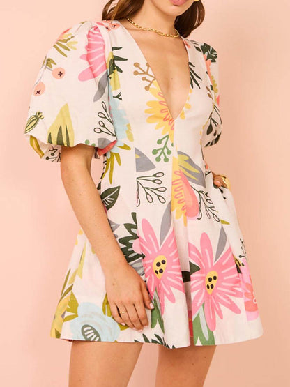 Floral Print Puff Sleeve Plunging V Neck A-Line Mini Dress