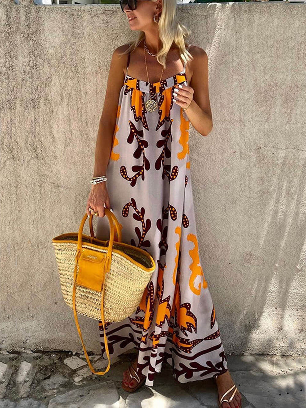 Spaghetti Strap Ruffle Neck Abstract Botanical Print Flowy Maxi Dress