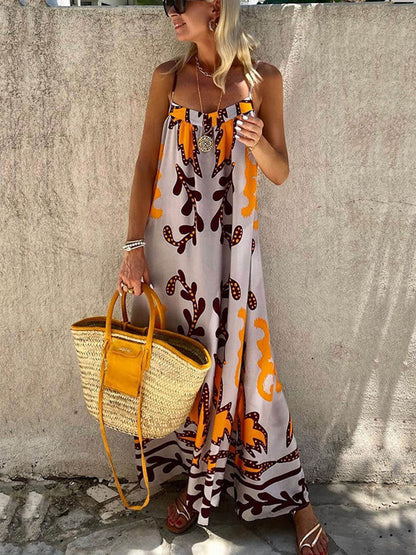 Spaghetti Strap Ruffle Neck Abstract Botanical Print Flowy Maxi Dress