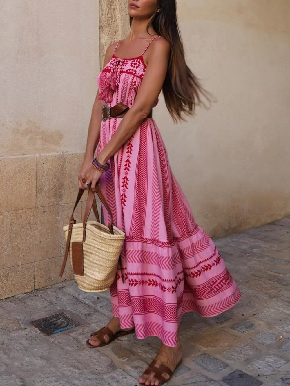 Spaghetti Strap Tassel Drawstring Geometric Pattern Tiered Knit Maxi Dress