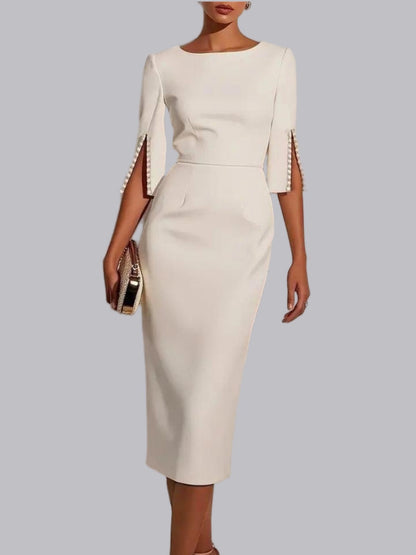 Pearl Zipper Solid Color Midi Dresses