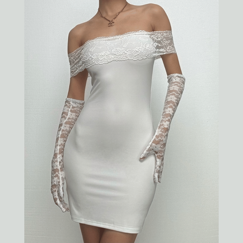Off shoulder gloves patchwork lace mini dress