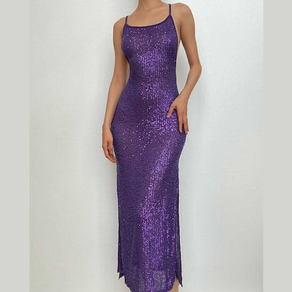 Glitter u neck see through backless cami maxi dress