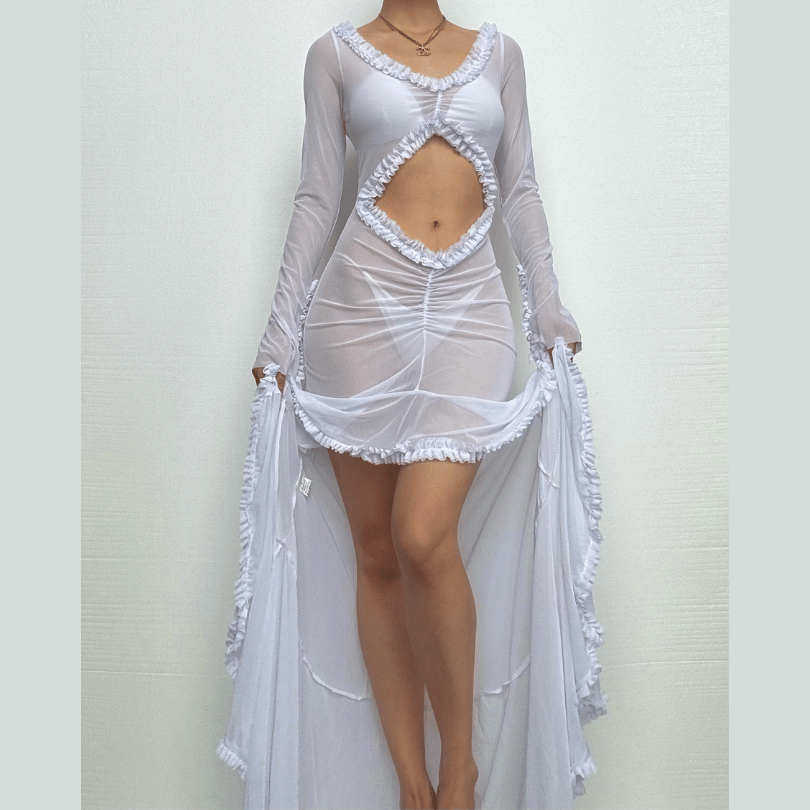 Long sleeve ruffle hollow out v neck sheer mesh cut out maxi dress