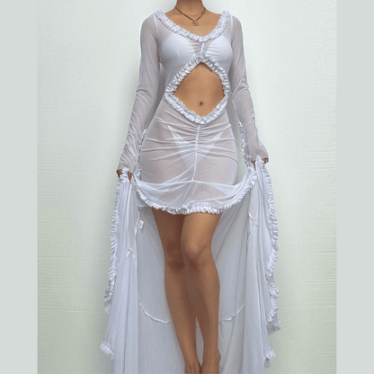 Long sleeve ruffle hollow out v neck sheer mesh cut out maxi dress
