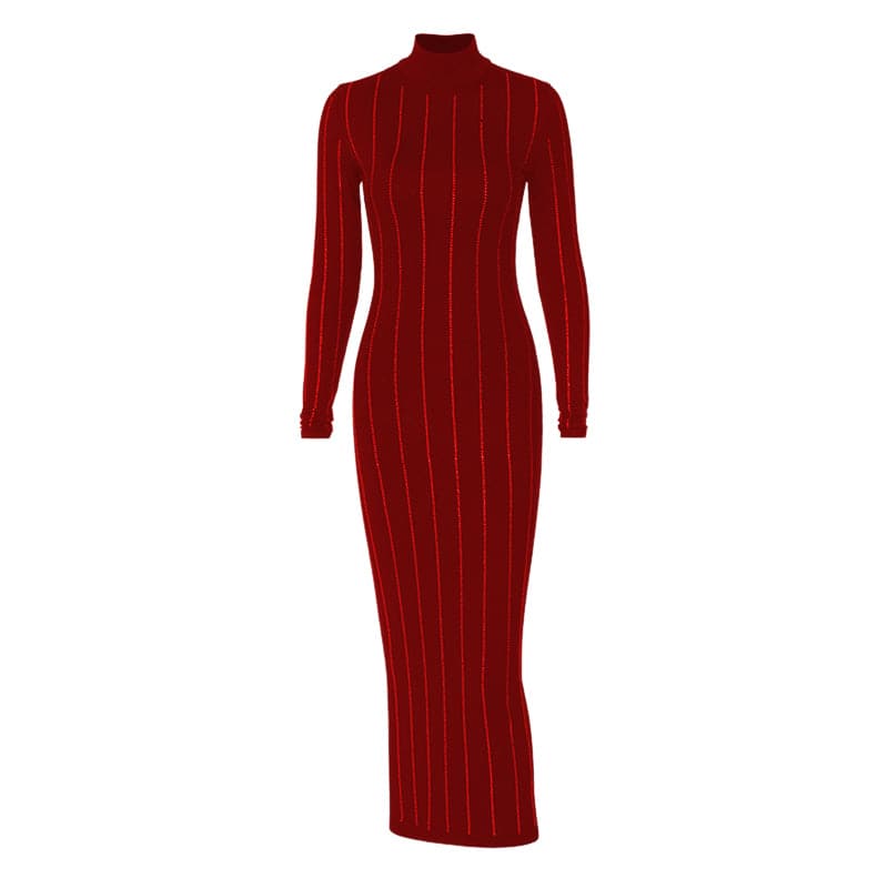 Mock Neck Long Sleeve Rhinestone Pinstripe Bodycon Midi Dress