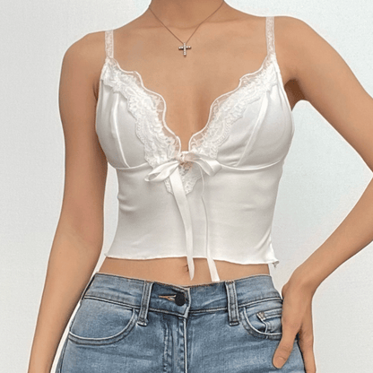 Bowknot ribbon lace hem backless solid cami top