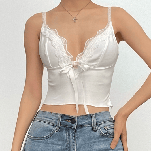 Bowknot ribbon lace hem backless solid cami top