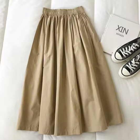 Women's High-Waisted Gathered Midi Skirt – Flowing Loose Casual Skirt
