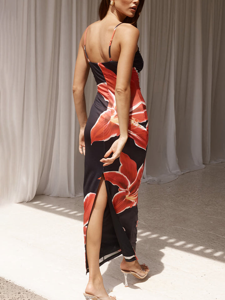 Lily Print Spaghetti Strap Square Neck Bodycon Maxi Dress