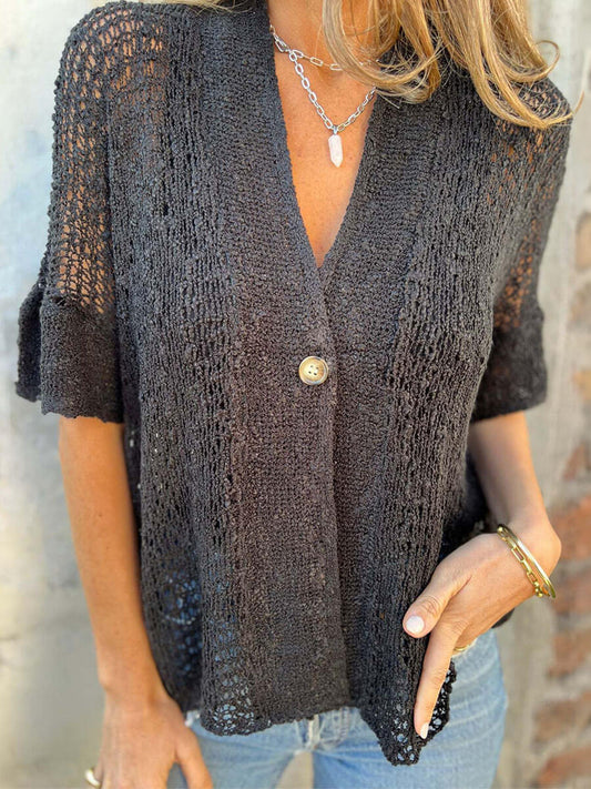 Hollow One Button Knit Tops