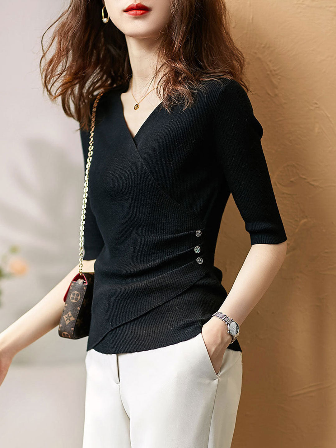 Jocelyn Casual V-Neck Solid Color Knitted Top-Black