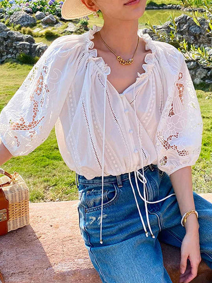Bella Vacation Auricular Puff Sleeve Embroidered Top