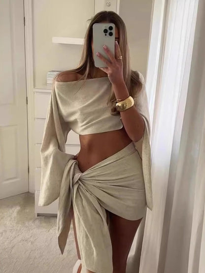 Beach Vacation Sun Protection Breathable Long-sleeved Top And Short Skirt 2-piece Sets