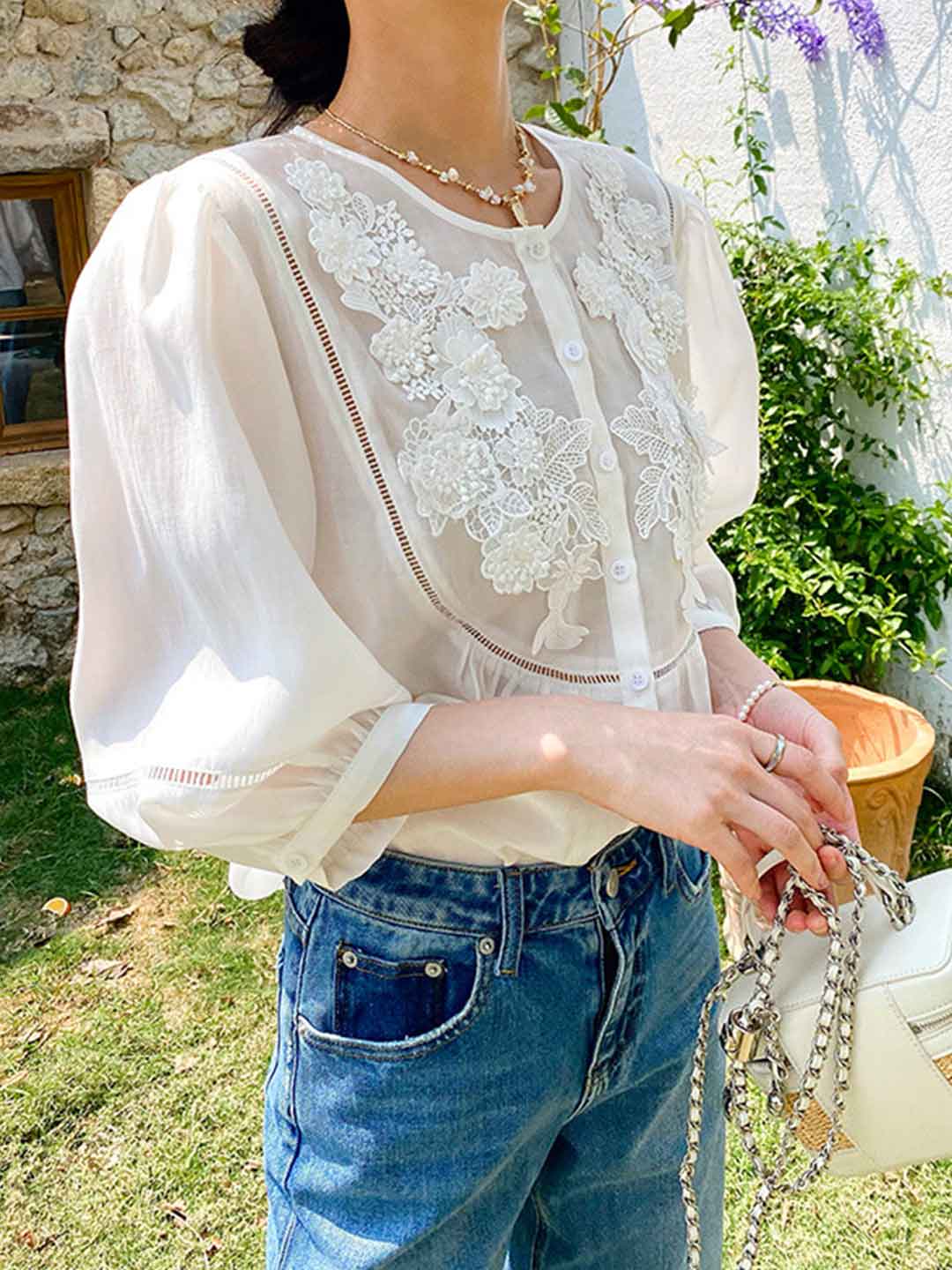Audrey Vintage Crew Neck Embroidered Blouse