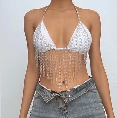 Halter crystal tassels beaded hollow out cut out top