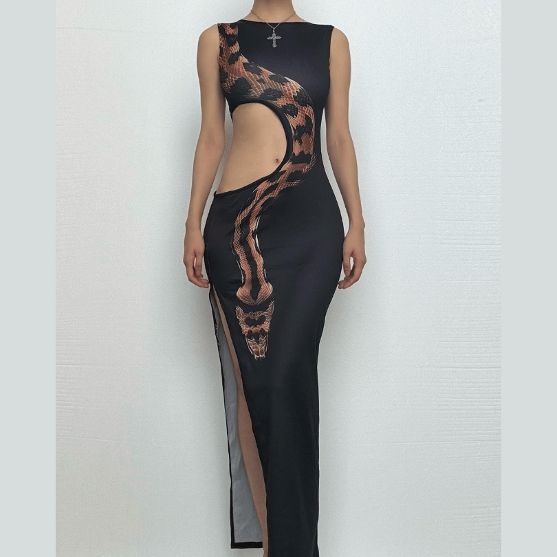 Sleeveless crewneck snake print hollow out slit cut out maxi dress