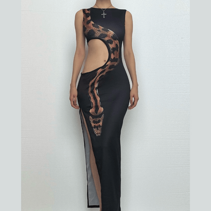 Sleeveless crewneck snake print hollow out slit cut out maxi dress