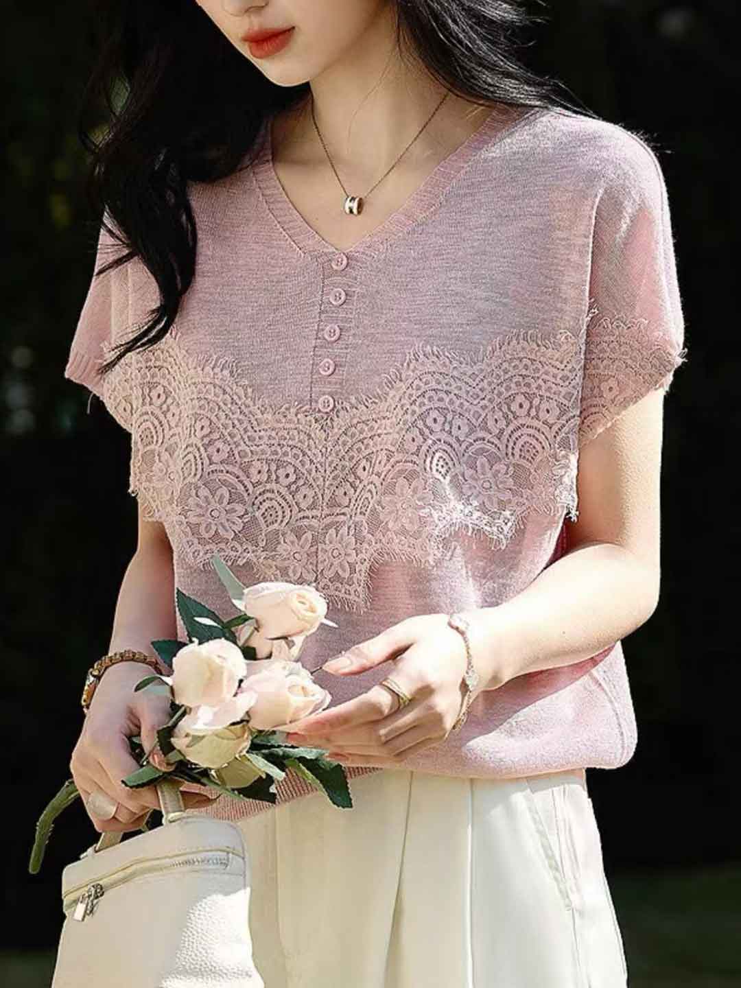 Brooke Vintage V-Neck Lace Panel Knitted Top