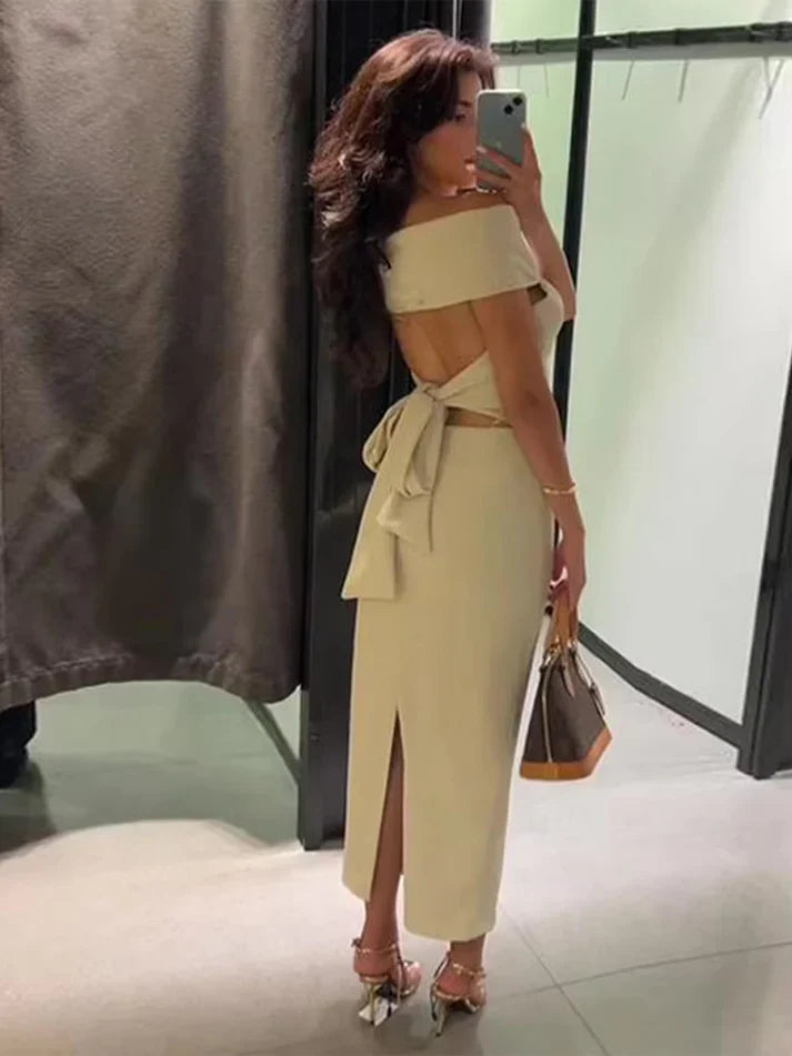 Bhane Off Shoulder Backless Tied Back Slit Dress