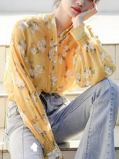 Olivia Vintage Puff Sleeve Floral Chiffon Top