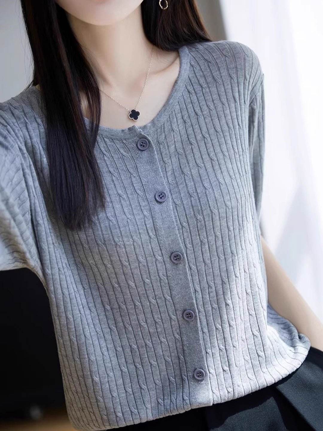 Bailey Loose Crew Neck Solid Color Cable Knitted Top