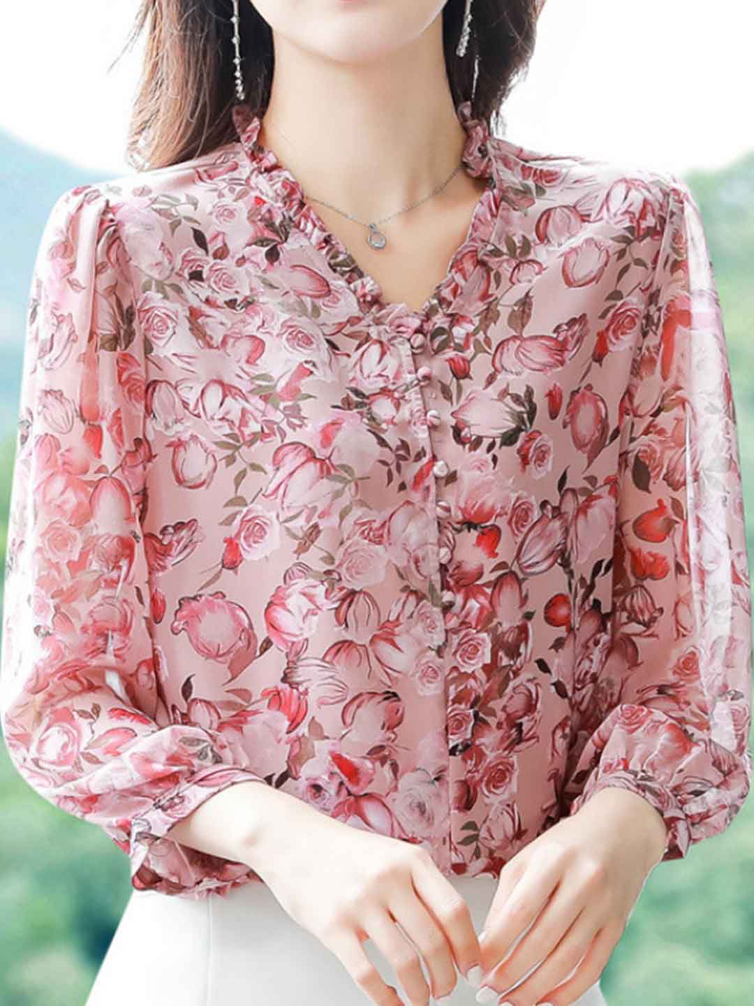 Genesis Loose V-Neck Chiffon Printed Floral Top