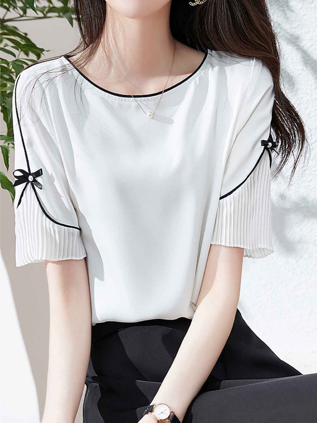 Caroline Elegant Crew Neck Bow Chiffon Top